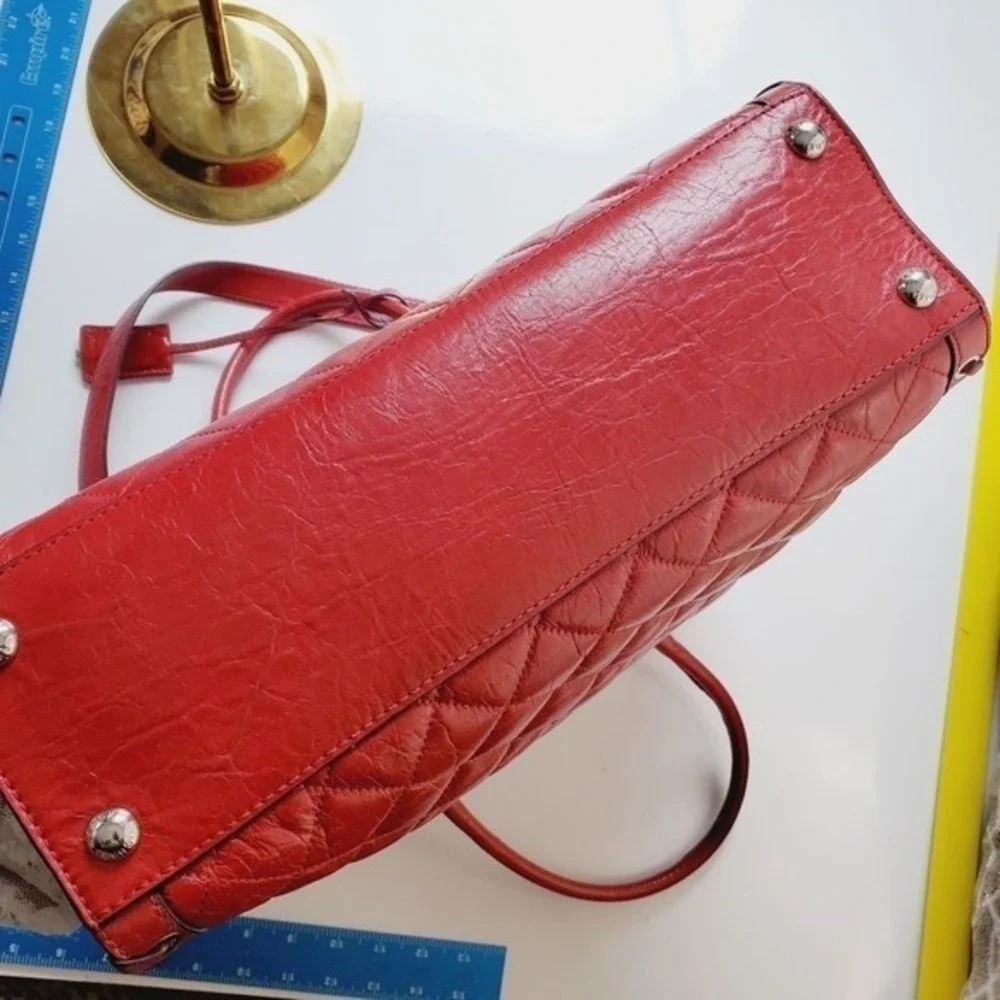 Michael Kors Hamilton Quilted Satchel Shoulder Crossbody Bag Red Leather